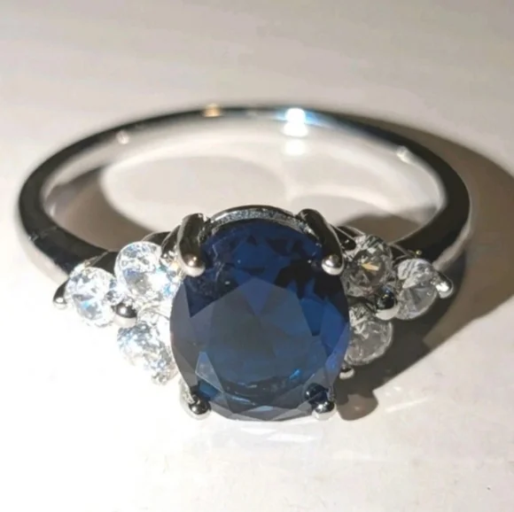 Womens 925 Dazzling 8ct Brilliant Cut Blue Gemstone Ring Sz 11